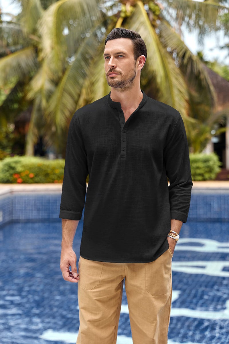 Karlywindow Mens Linen Henley Shirts Long Sleeve Hippie Yoga Summer Beach Casual Henleys T-Shirt Black - Image 2